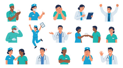 Fototapeta premium Diverse Medical Healthcare Professionals Flat Vector Illustration Set. Doctors and Nurses with Various Poses and Emotions.