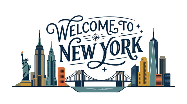Welcome to New York City Skyline with Famous Landmarks and Brooklyn Bridge