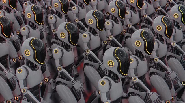 Endless 3d animation loop of a futuristic humanoid robot army walking together. Concept of mass automation, artificial intelligence taking over and technology workforce in a sci-fi cyber world.