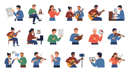 Fototapeta premium Diverse People Learning Music Online: Playing Instruments, Singing, Watching Tutorials