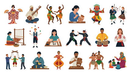 Fototapeta premium Flat Illustration of Diverse People Celebrating Global Culture, Traditions, Arts, Crafts, and Hobbies