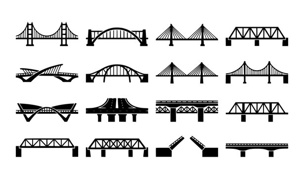 Bridge silhouette vector bundle with suspension arch and modern bridge icons