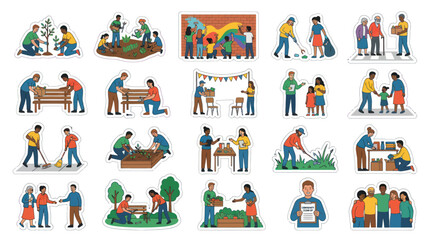 Fototapeta premium Diverse Community Volunteering Activities Flat Vector Illustrations. People Helping, Gardening, Charity Social Support.