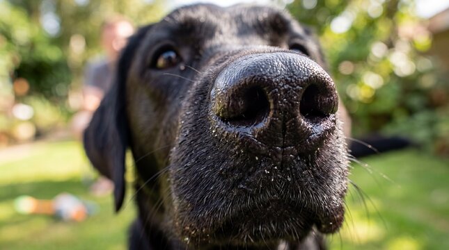 Close up portrait of a curious black labrador dog outdoors.