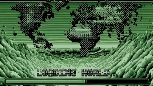 Vintage green monochrome loading screen with world map and progress bar
