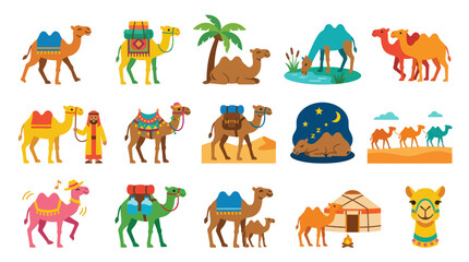 Obraz premium Flat Design Vector Camels Collection: Arabian Desert Travel, Culture, and Wildlife Illustrations Set
