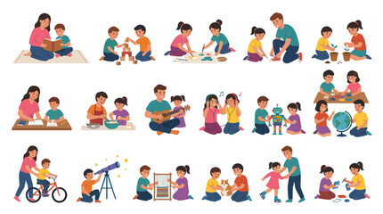 Fototapeta premium Flat Style Illustration of Diverse Kids and Adults Engaged in Educational Activities