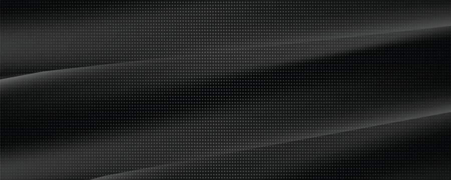 Abstract black carbon fiber background with elegant waves and halftone dot texture. Modern dark metallic mesh pattern vector illustration template for tech banner design.