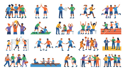 Fototapeta premium Flat Vector Illustration Set of People in Sports, Teamwork, and Competition Activities for Fitness