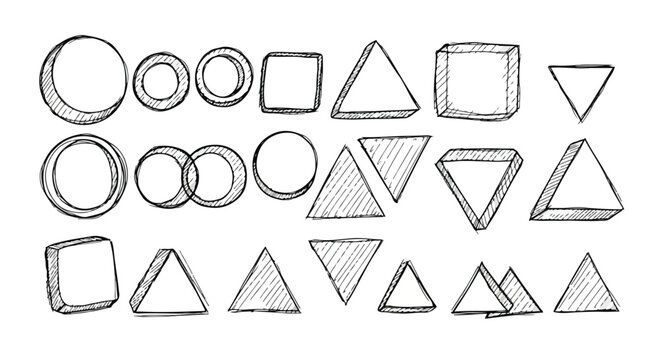 Hand drawn geometric shapes set, black ink sketch of circles triangles and squares, 21 doodle design elements for creative projects