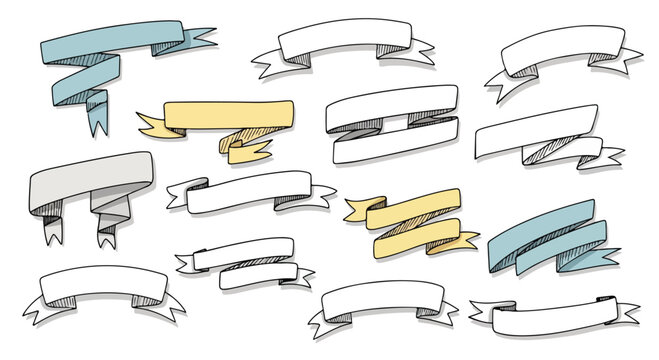 Hand drawn vintage ribbon banners set, 14 decorative sketch scrolls in pastel blue and yellow, rustic parchment paper vector elements for wedding invitations