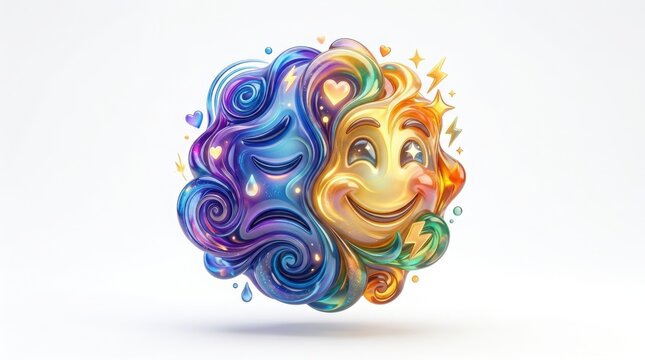 Vibrant rainbow brain illustration, colorful mental health concept with smiling face, creative psychology and emotional intelligence symbol isolated on White Background