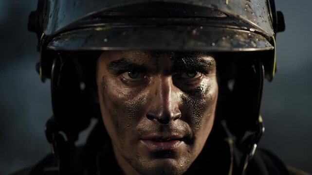 Intense Gaze of a Determined Firefighter with Soot-Covered Face and Wet Helmet