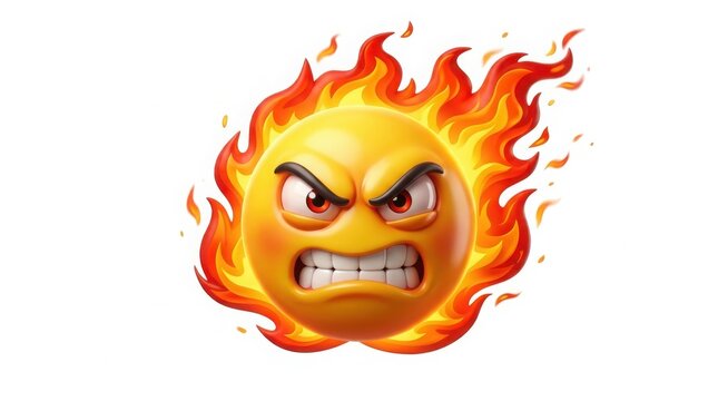Angry fire emoji with burning flames, furious yellow face character, 3D rendered aggressive emoticon for social media and digital communication isolated on White Background