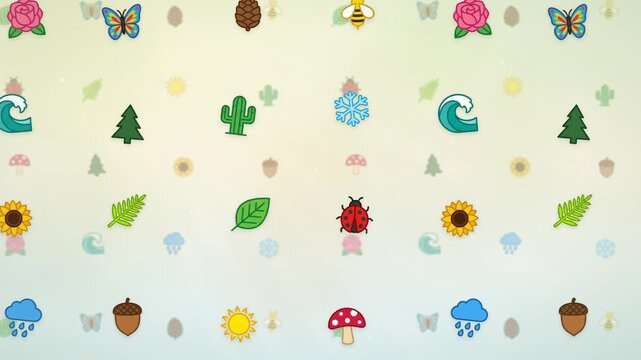 Nature and four seasons icons with leaf flower butterfly and weather symbols pattern