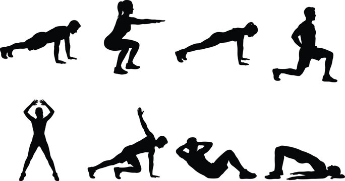 Fitness bodyweight exercises and workout black vector silhouettes collection isolated on white background