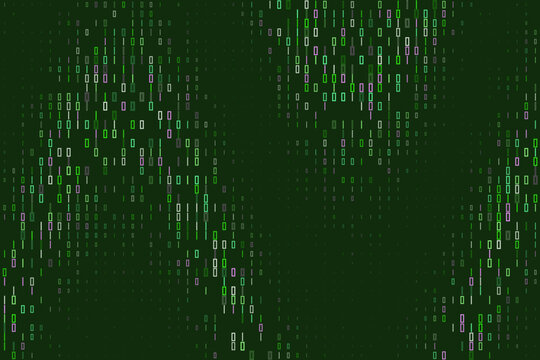 Digital Binary Code Background with Green and Purple Matrix Data Stream for Cyber Security and Technology Concepts