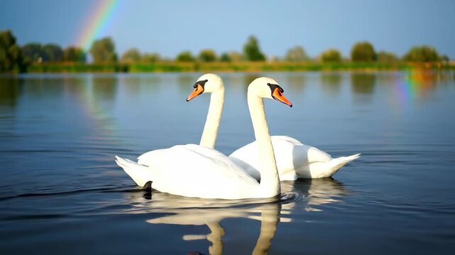 Two elegant white swans gracefully glide on a tranquil lake with a rainbow