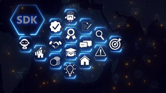 Sdk concept with icons representing different aspects of software development, such as coding, testing, debugging, and deployment, all connected to a central . 4K animation isolated on transparent .