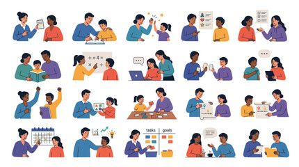 Fototapeta premium Flat Vector Education and Learning Illustrations: Diverse People Teaching, Mentoring, and Studying