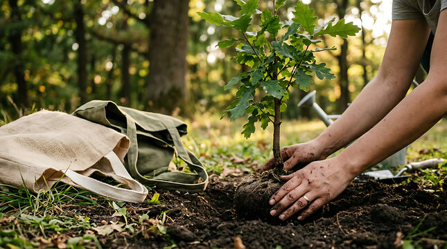 A woman planting a young oak tree in the forest to celebrate internasional plastic bag free day with eco friendly reusable canvas bags