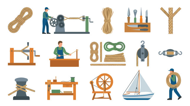 Rope Making and Nautical Craft Flat Vector Illustration Set: Tools, Manufacturing, Sailing, and Equipment