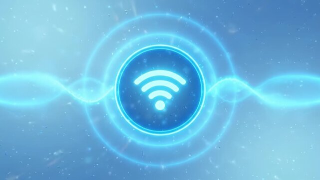 Wireless network icon glowing blue with digital wave and signal particles, technology connection symbol neon circle glow, futuristic WiFi wireless communication data online hotspot radiating bright