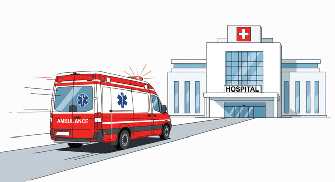 An ambulance speeding ambulance speeding in front of a hospital with a red and blue and white exterior