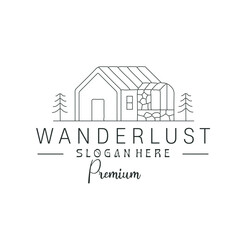 Fototapeta premium Wanderlust Mountain Cabin and Stone House Line Art Logo