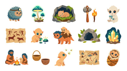 Obraz premium Flat Vector Prehistoric Fantasy Elements Collection: Stone Age Characters, Creatures, Tools, Icons, Maps