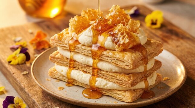 Delicious layered puff pastry dessert with cream, honeycomb, and dripping honey