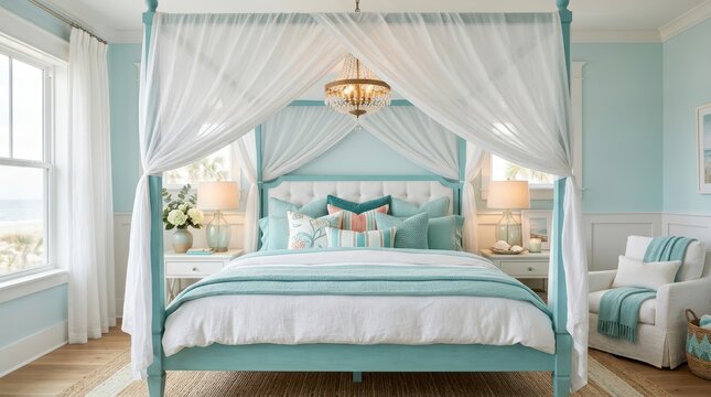 Serene coastal bedroom with a canopy bed and ocean view