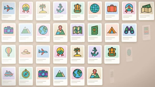 Travel icon cards arranged in grid with airplane globe map compass and luggage symbols