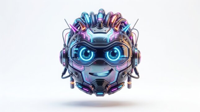 Futuristic robot head with glowing blue eyes, mechanical cyborg character with neon lighting, high-tech artificial intelligence droid avatar isolated on White Background