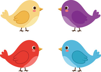 Fototapeta premium Cute colorful birds illustration set, cartoon yellow, purple, red, and blue birds vector, adorable wildlife animal clipart design