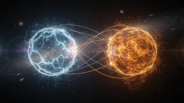 Mesmerizing cosmic duel with electric blue and fiery orange orbs colliding in vibrant space energy