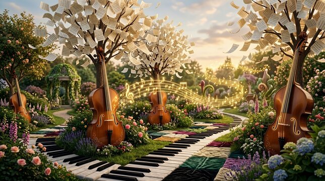 Surreal garden featuring cello trees and piano keys path.