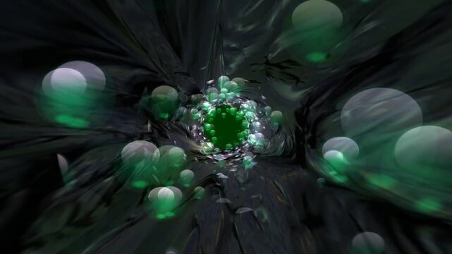 Vibrant green and gray abstract art with glowing orbs and swirling patterns