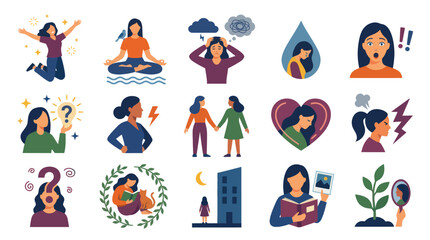 Fototapeta premium Flat Style Icons of Woman Emotions, Mental Health, and Self-Care