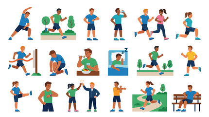 Fototapeta premium Flat Vector Illustration of Diverse People Exercising and Living Healthy Lifestyles