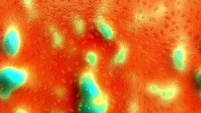 Multi colored abstract loopable animation background with bright skin rough surface and motion spotted elements. 4K stock video