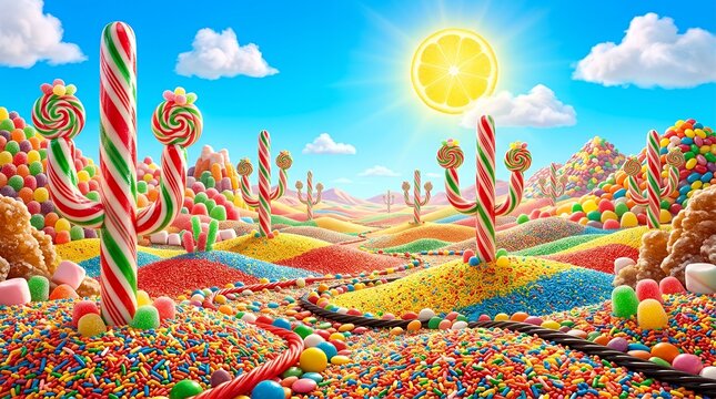 Surreal landscape with candy cane cacti and lemon sun.