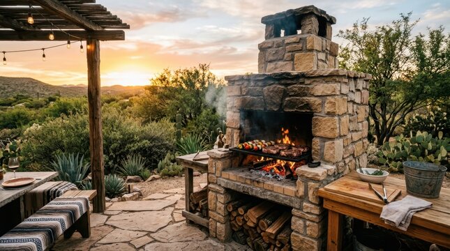 Outdoor stone barbecue grill with steaks and skewers cooking at sunset in the desert