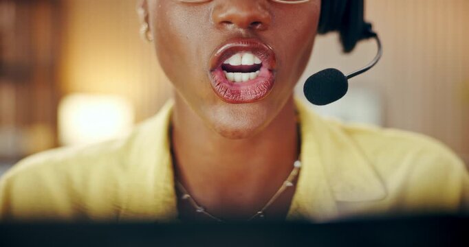 Call center, laptop and mouth in office with headset, helpline advice or assistance in crm service. Happy, woman or consultant in workplace with mic, online inquiry or feedback in customer support.
