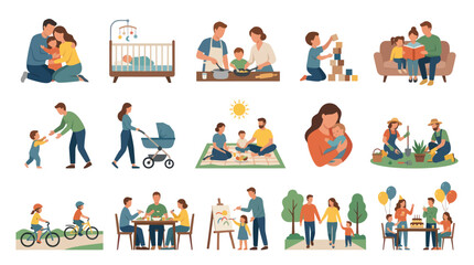 Fototapeta premium Flat Vector Illustration Set: Family Life, Parenting, and Childhood Daily Activities Moments Collection