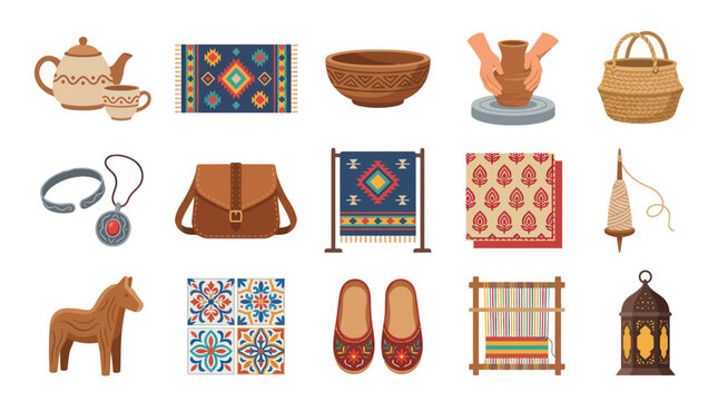 Traditional Handicrafts Flat Vector Illustration Set: Artisan Handmade Cultural Objects and Folk Art Collection