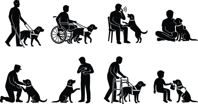 Service dogs and assistance animals helping people with disabilities vector silhouettes collection isolated on white