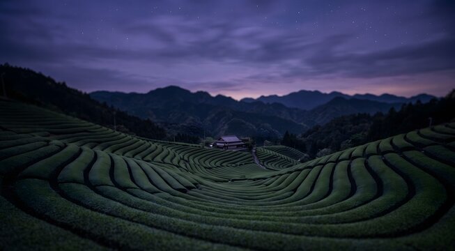 Wide-angle landscape of sculpted terraced Japanese green tea fields at blue hour, rows of uniform dark-green bushes curving elegantly along hillside contours. 