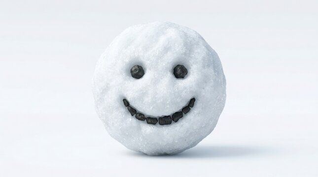 Smiling snowball with coal face, happy winter emoji made of real snow, cheerful frozen sphere with pebble eyes and mouth, cold weather seasonal concept isolated on White Background