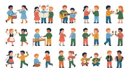 Fototapeta premium Diverse Children Playing Musical Instruments, Education Music Vector Art